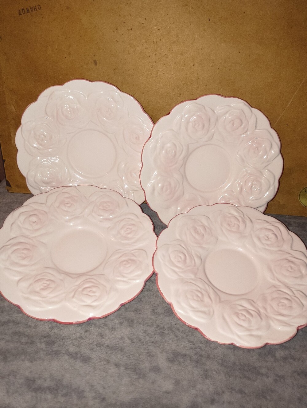 Pink Rose Embossed Ceramic Dessert Plates - Set of 4
